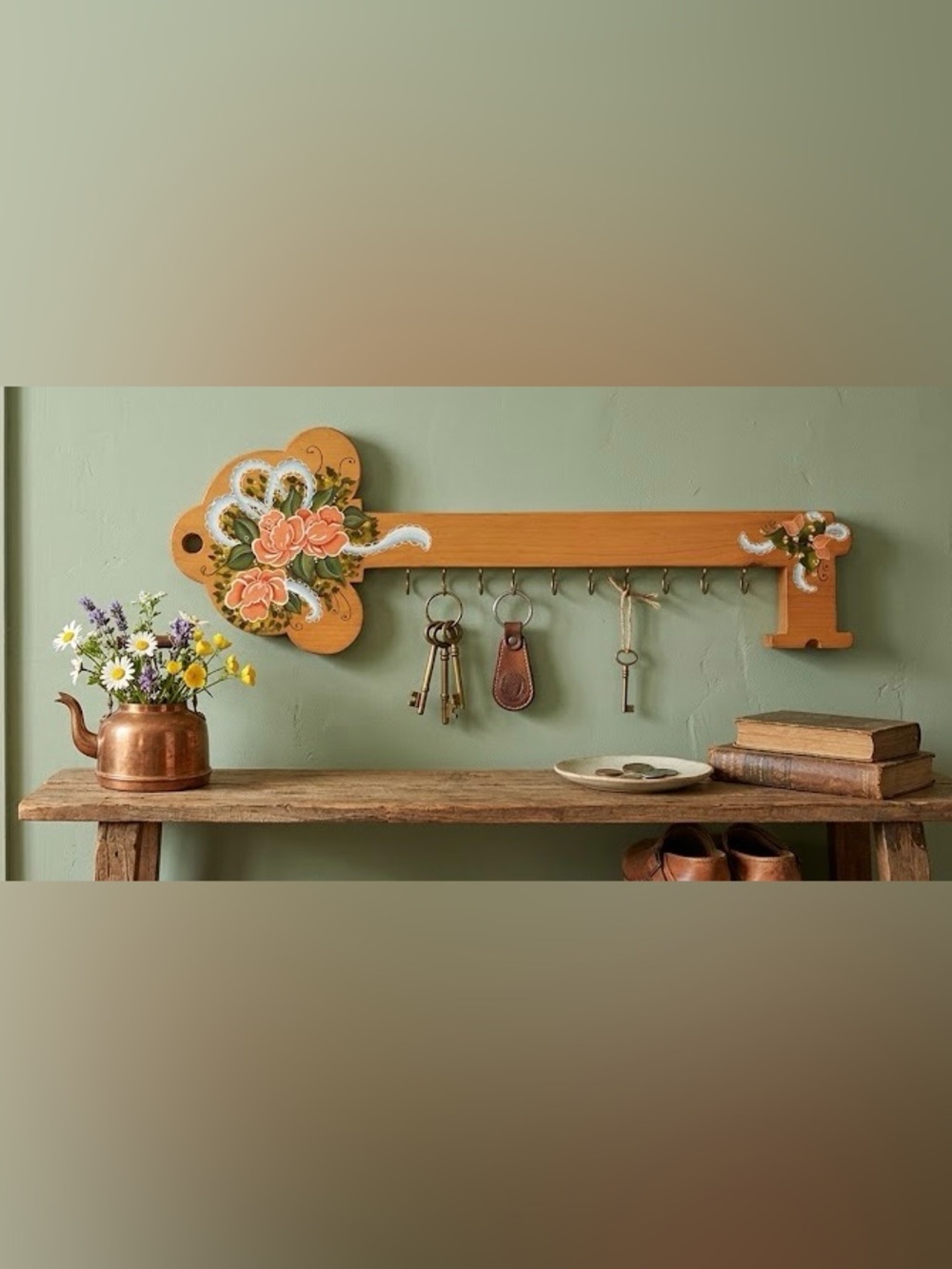 Floral Wooden Wall-Mounted Jewelry Organizer or key hanger